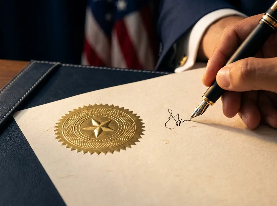 Firma de un documento junto a un sello notarial dorado