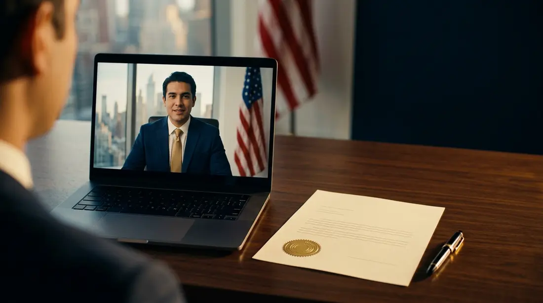 Un cliente en videollamada con su notario, con el documento sellado sobre el escritorio